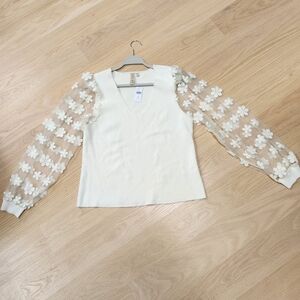 Anthropologie (1X fit) Dolan Ivory Ribbed Sweater Sheer Floral Applique Sleeve